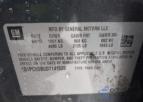 2013 Chevrolet Cruze 1Lt Auto из США, поврежденный, VIN 1G1PC5SB0D7141528